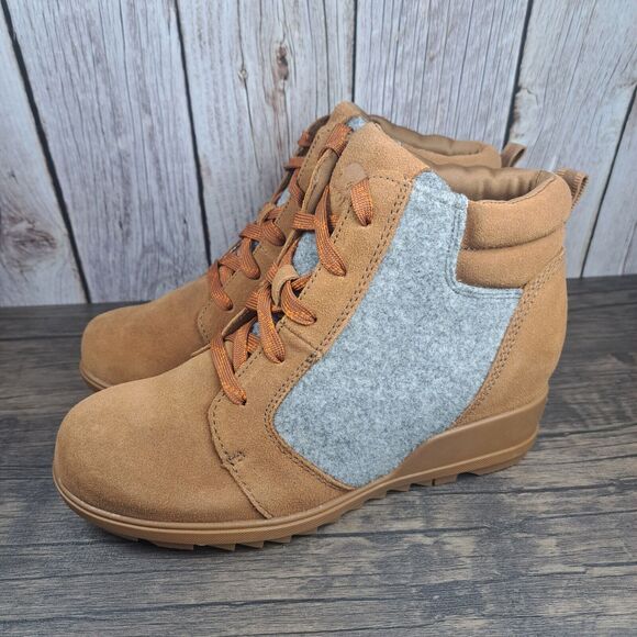 Sorel Evie Lace Up Wedge Leather Ankle Suede Bootie Women's Sz 8 Brown (VGC) - Picture 1 of 9